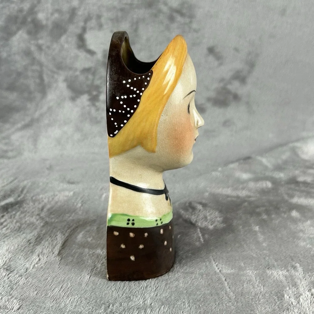 Vintage Ceramic Lady Head Wall Pocket Vase Planter Blonde Woman Polka Dot Dress